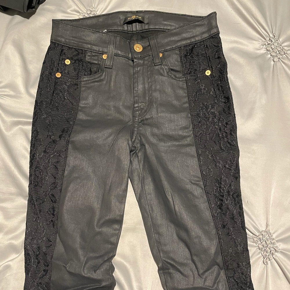 7 for All Mankind black leather skinny jeans.